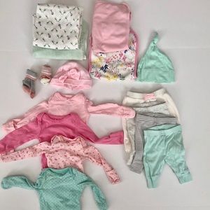 Carter’s newborn girl lot onesies, pants + goodies